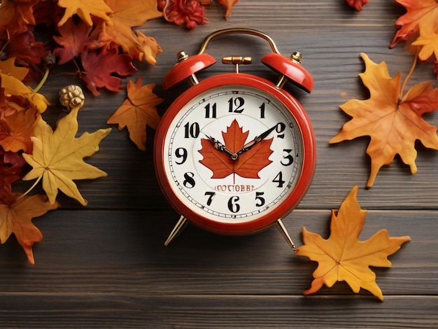 Oktober 2024 maandelijkse kalender en een prachtige tafel klok esdoornblad decoratie op hout