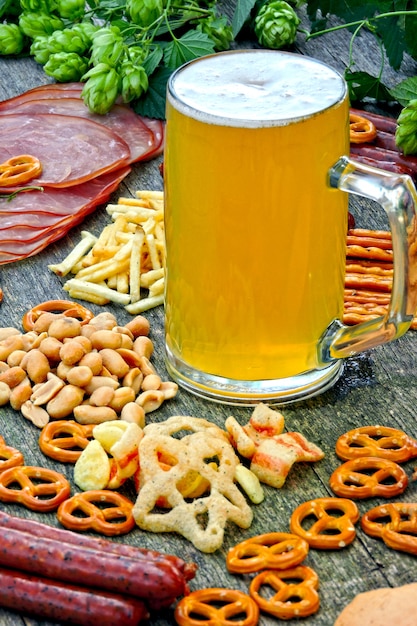 Oktober Fest. Glass of beer and beer snacks.