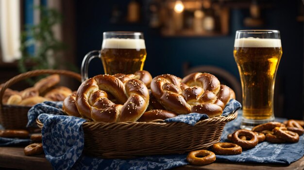 oktoberfest arrangement with delicious pretzel and beer festival