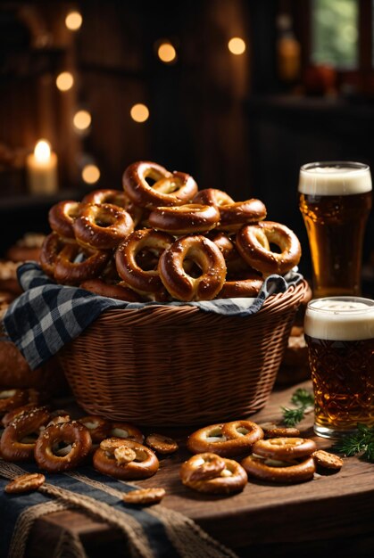 Foto arrangiamento dell'oktoberfest con deliziosi pretzel e festa della birra