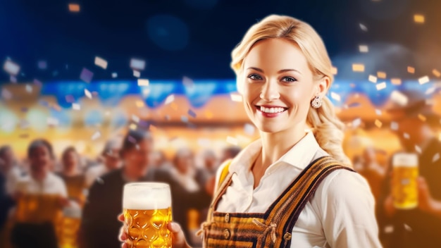 Foto striscione dell'oktoberfest con una giovane donna abbastanza bionda in abiti nazionali della germania con la birra