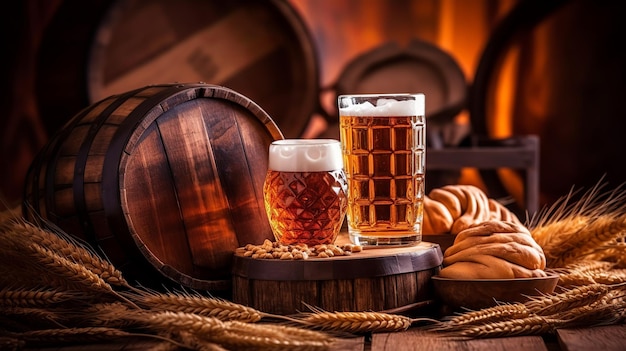 Photo oktoberfest beer barrel and beer glasses with wheat generative ai