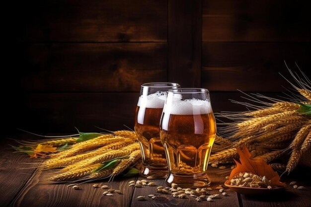 Photo oktoberfest beer barrel and beer glasses with wheat and hops on wooden table