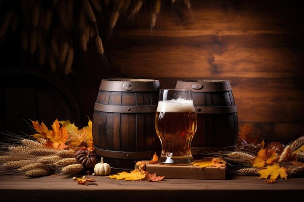 Oktoberfest beer barrel and glasses with wheat and hops on wooden table