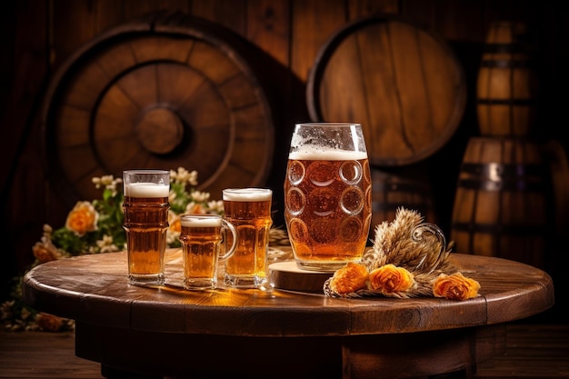 オクトーバーフェストのビール樽と木製のテーブルにビールグラス