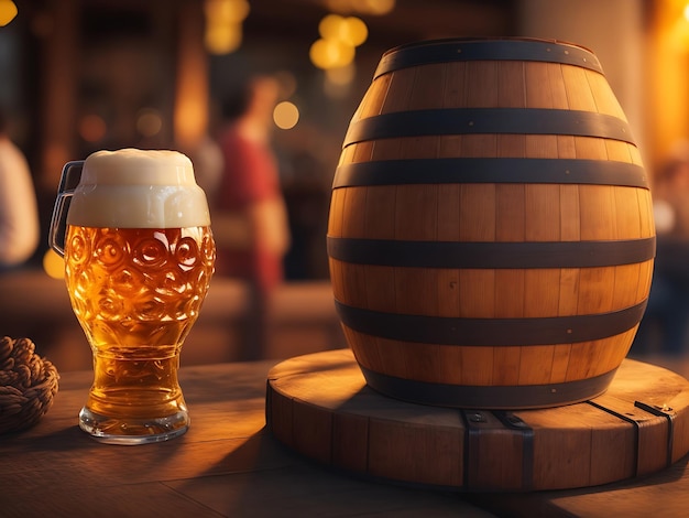 Oktoberfest beer barrel with beer glasses on table on wooden