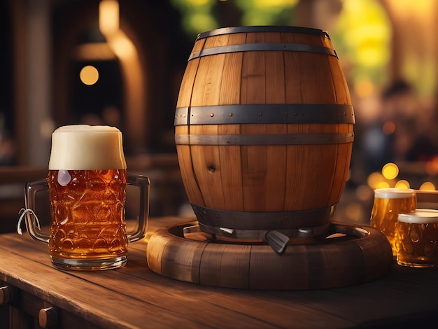 Oktoberfest beer barrel with beer glasses on table on wooden