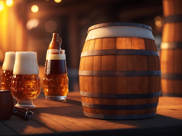 Oktoberfest beer barrel with beer glasses on table on wooden