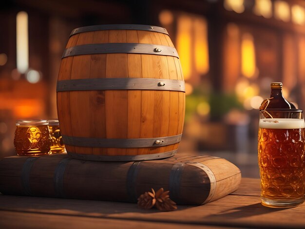 Oktoberfest beer barrel with beer glasses on table on wooden