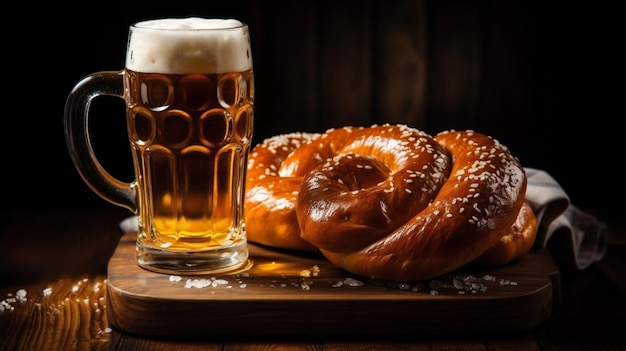 Oktoberfest beer and pretzels on a wooden table