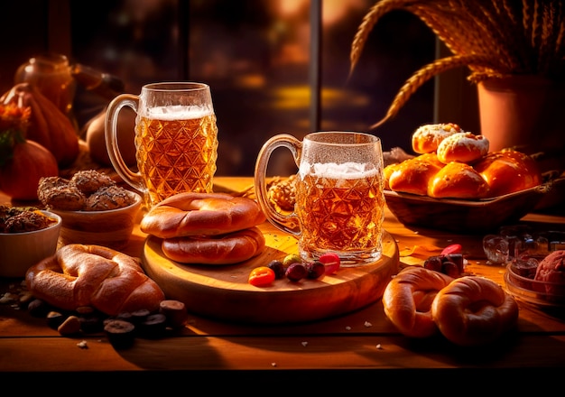 Oktoberfest beer with pretzel wheat and hops on wooden table ai generated