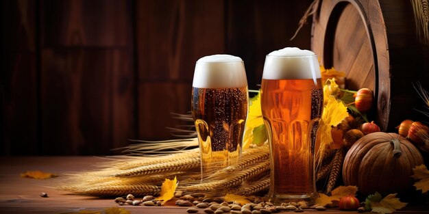 Oktoberfest beer with wheat and hops on wooden table