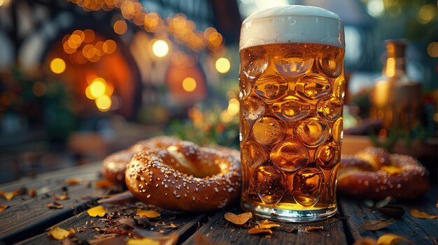 Oktoberfest bier en pretzels levendige biertuin traditionele Beierse kleding Fotorealistische HD