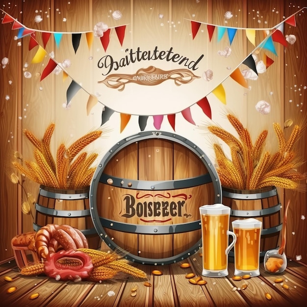 Foto oktoberfest-bier met krakeling, tarwe en hop die ai heeft gegenereerd