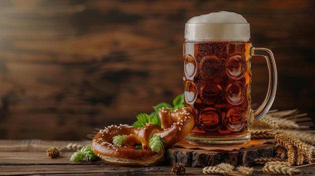 Oktoberfest bier met pretzel tarwe en hop op houten tafel