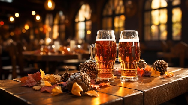 Oktoberfest biervat met bierglazen op tafel op houten