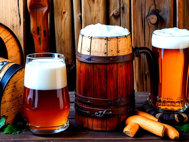 Oktoberfest biervat met bierglazen op tafel op houten