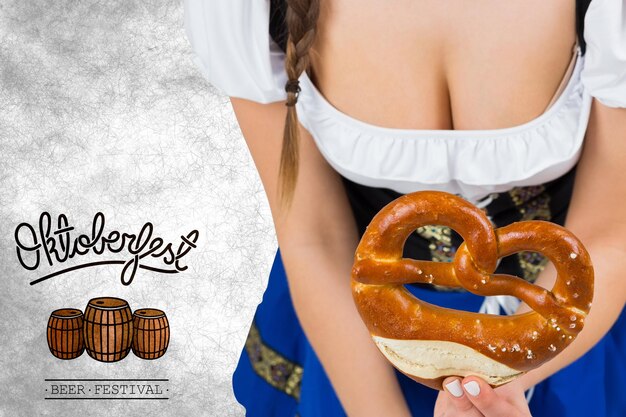 Oktoberfest girl bending and showing pretzel against oktoberfest graphics