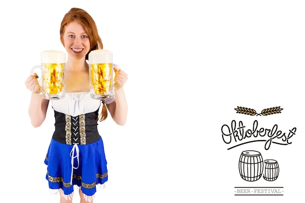 Foto ragazza dell'oktoberfest che tiene brocche di birra contro la grafica dell'oktoberfest