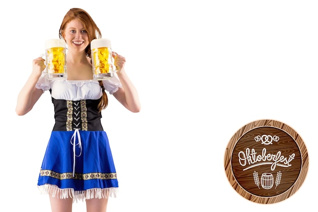 Oktoberfest girl holding jugs of beer against oktoberfest graphics