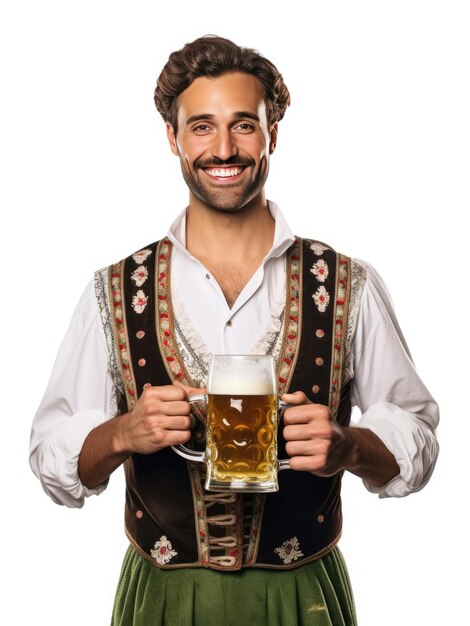 Foto uomo dell'oktoberfest in abiti tradizionali bavaresi con una birra in mano