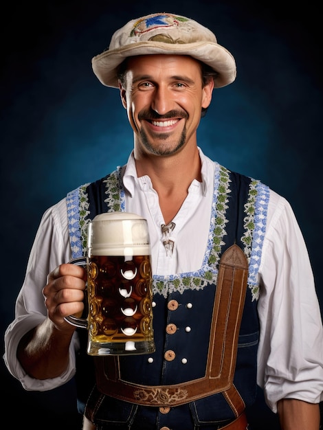 伝統的なバイエルン服を着たオクトーバーフェストの男性がビールを握っている