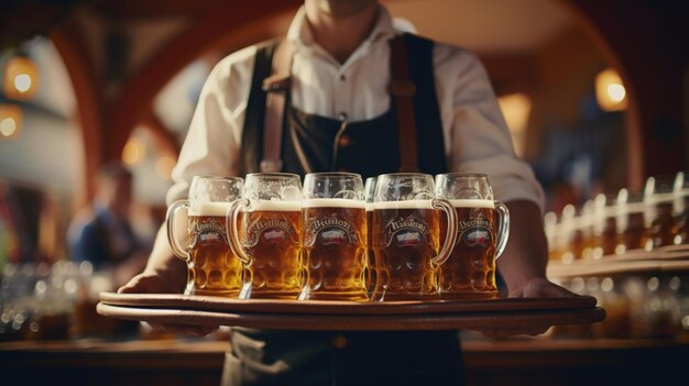 Oktoberfest Munich Germany waiter serving beers closeup