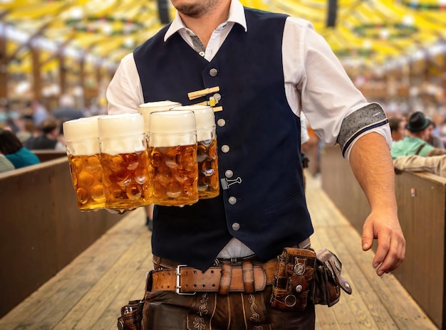 옥토버페스트 뮌헨 웨이터가 맥주를 제공하고 옥토버페스트 독일 축제를 닫습니다.