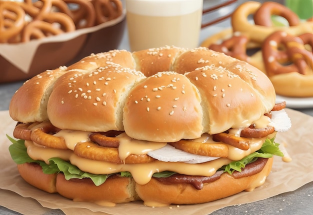 Oktoberfest pretzel bagel sandwich Oktoberfest dag ontbijtburger recept voor vakantiebierfeest