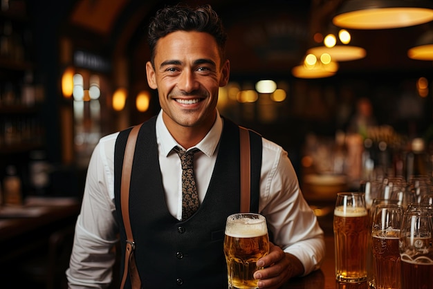 Oktoberfest Tradition Beauty man wearing traditional clothes and serving big beer mugs