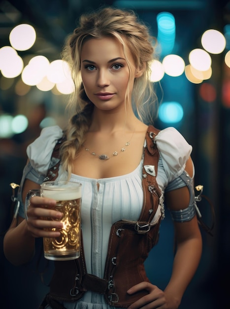 Oktoberfest vrouwelijke cyborg in traditionele Beierse klederdracht met een biertje