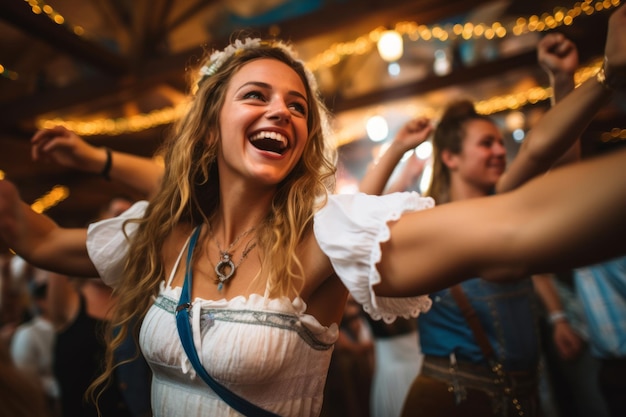 Oktoberfest waitress having fun and dancing at a beer festival event wearing a traditional costume