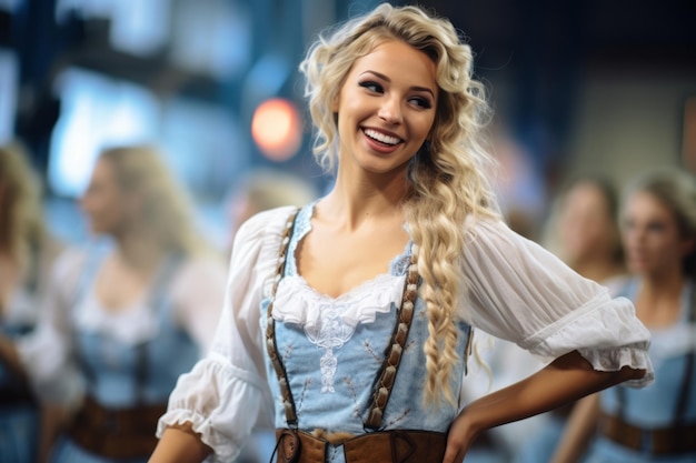 Oktoberfest waitress having fun and dancing at a beer festival event wearing a traditional costume
