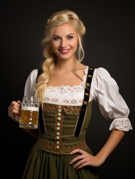 Oktoberfest waitress holding two large glasses of beer wearing a traditional Bavarian dress