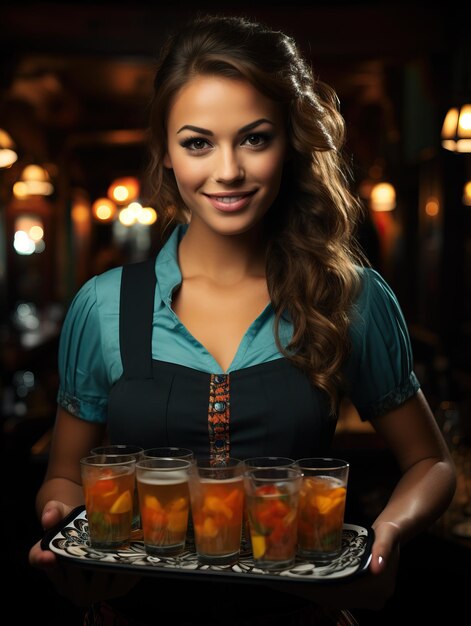 Oktoberfest waitress holding two large glasses of beer wearing a traditional Bavarian dress