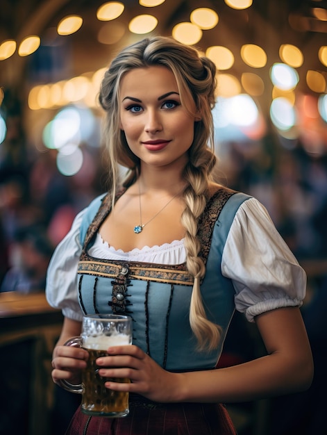 Oktoberfest waitress holding two large glasses of beer wearing a traditional Bavarian dress