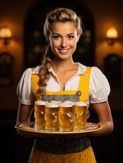 Oktoberfest waitress in traditional costume holding a beer