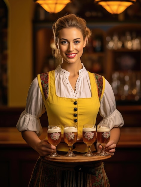 Oktoberfest waitress in traditional costume holding a beer