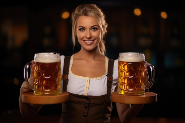 Oktoberfest waitress wearing a traditional Bavarian dress serving big beer mugs