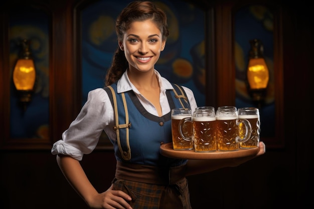 Foto cameriera dell'oktoberfest che indossa un abito tradizionale bavarese che serve grandi tazze di birra