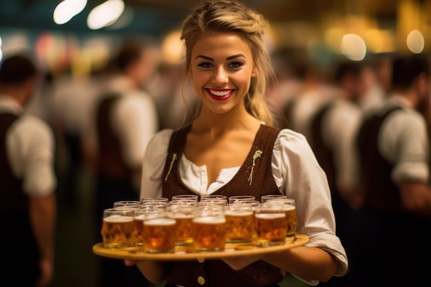 Oktoberfest young woman waitress holding beer generative ai