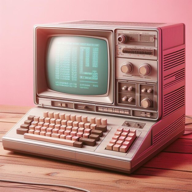 Foto vecchio computer degli anni '50 su uno sfondo rosa retro futurismo