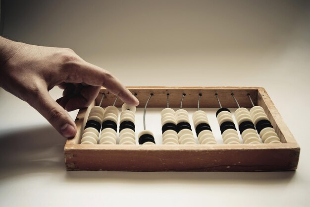 Old abacus with human hand