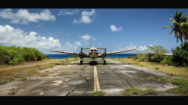 Photo an old abandoned airplane sits on a runway overgrown with weeds and grass the plane is a rusty white color with green and red accents