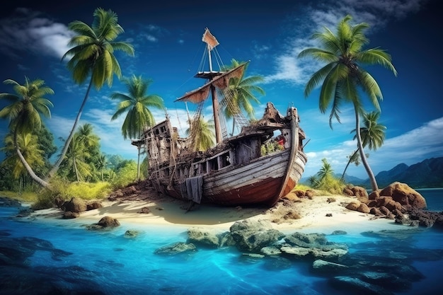 Old abandoned boat with sail washed up on deserted shore of small island with palm trees in middle of ocean