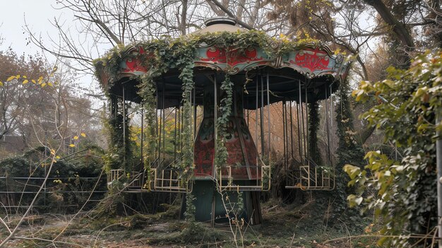 An old abandoned carousel sits in a forgotten amusement park The oncebright colors are now faded and peeling and the seats are covered in cobwebs