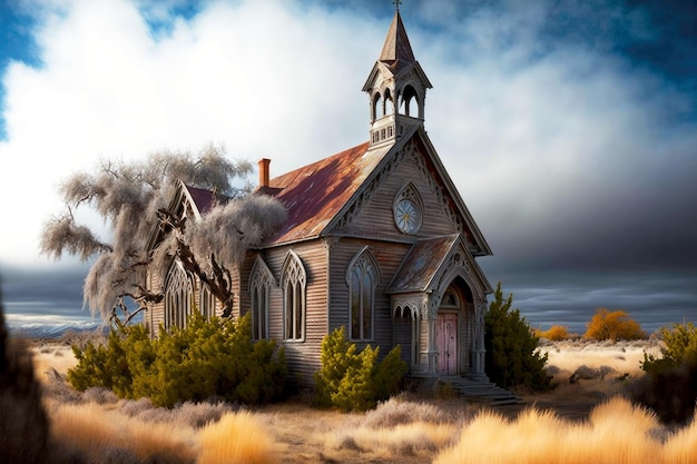 Old abandoned church with bell tower and dying withered tree against stormy sky