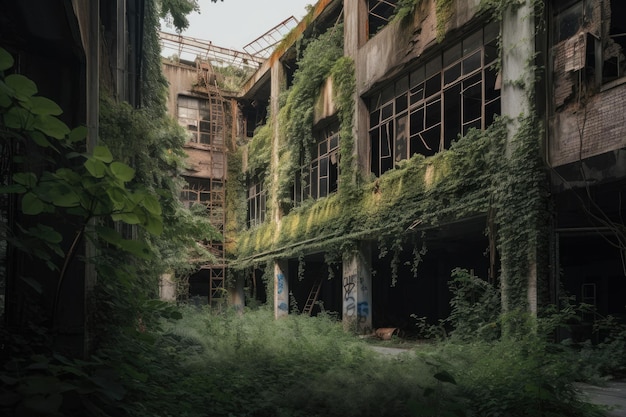 Old abandoned factory with overgrown vegetation and broken windows