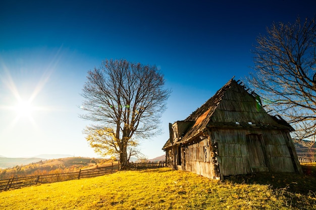 An old abandoned farmhouse in a mountain meadow above the Carpathians Beautiful walking landscape in Ukraine autumn time