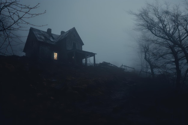 Old abandoned house in a foggy forest Halloween horror scene